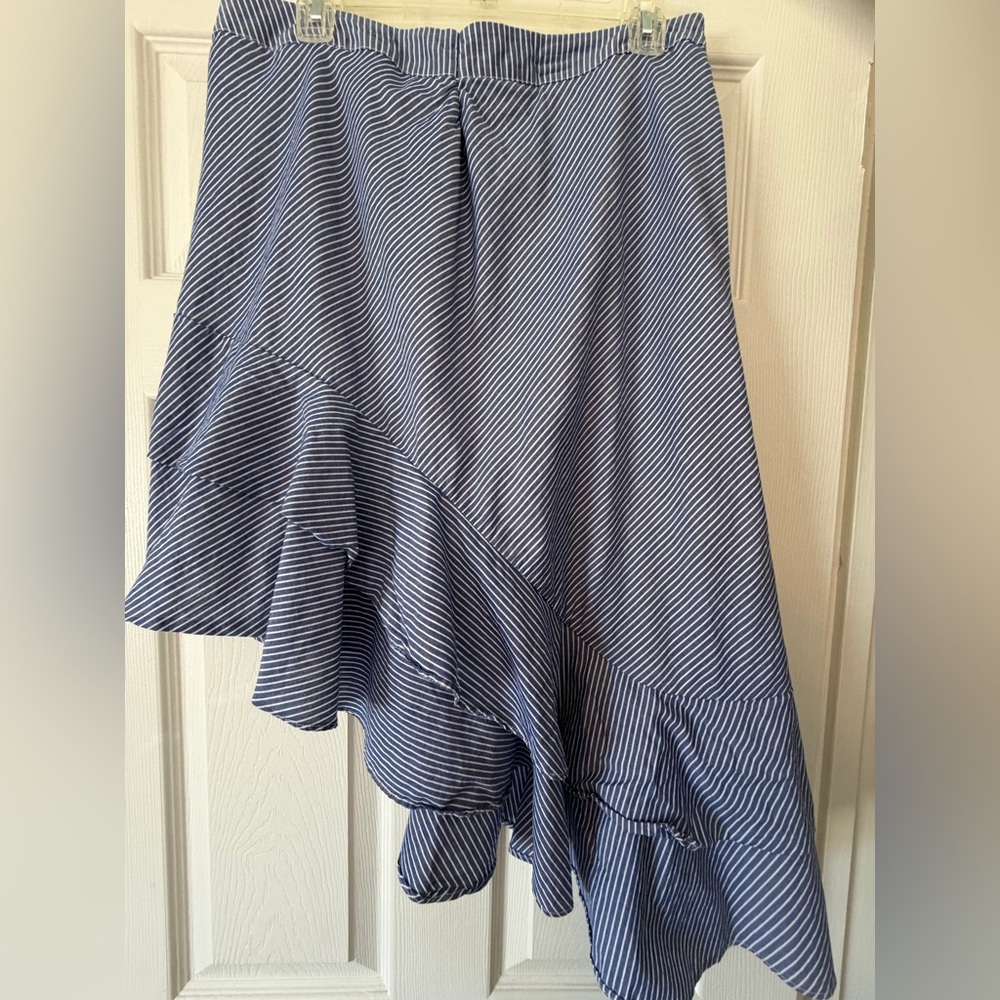 Asymmetrical Skirt Blue Pin Stripe tiered ruffles size L - Picture 3 of 9